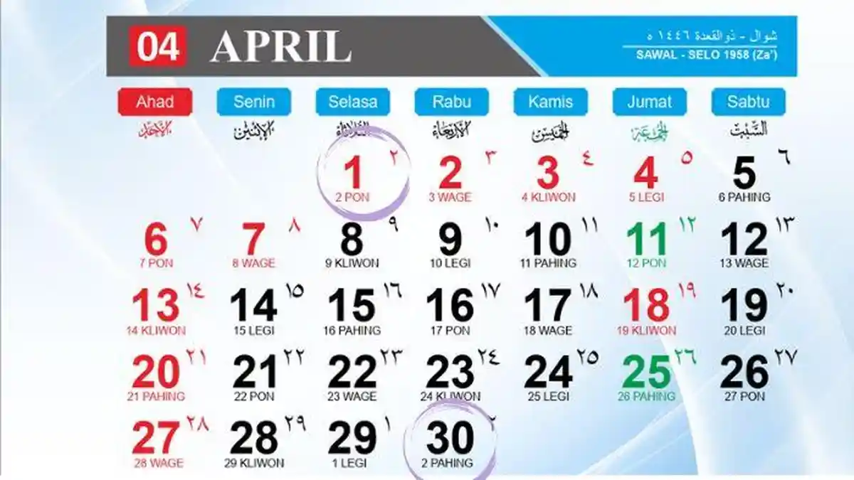 Kalender Jawa April 2025 Lengkap Weton, Tanggal Merah dan Hijriah