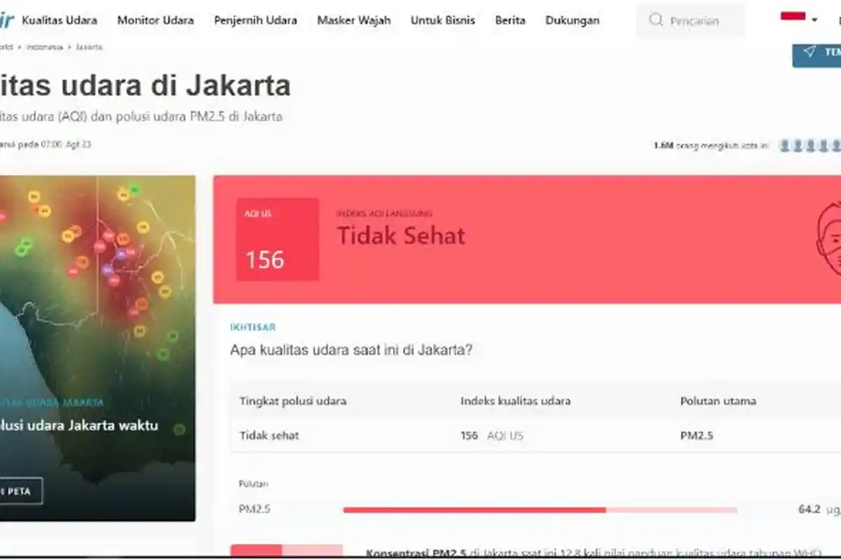 Kualitas Udara di Jakarta Hari Ini, Rabu 23 Agustus 2023: Tidak Sehat dan Terburuk Kelima di Dunia
