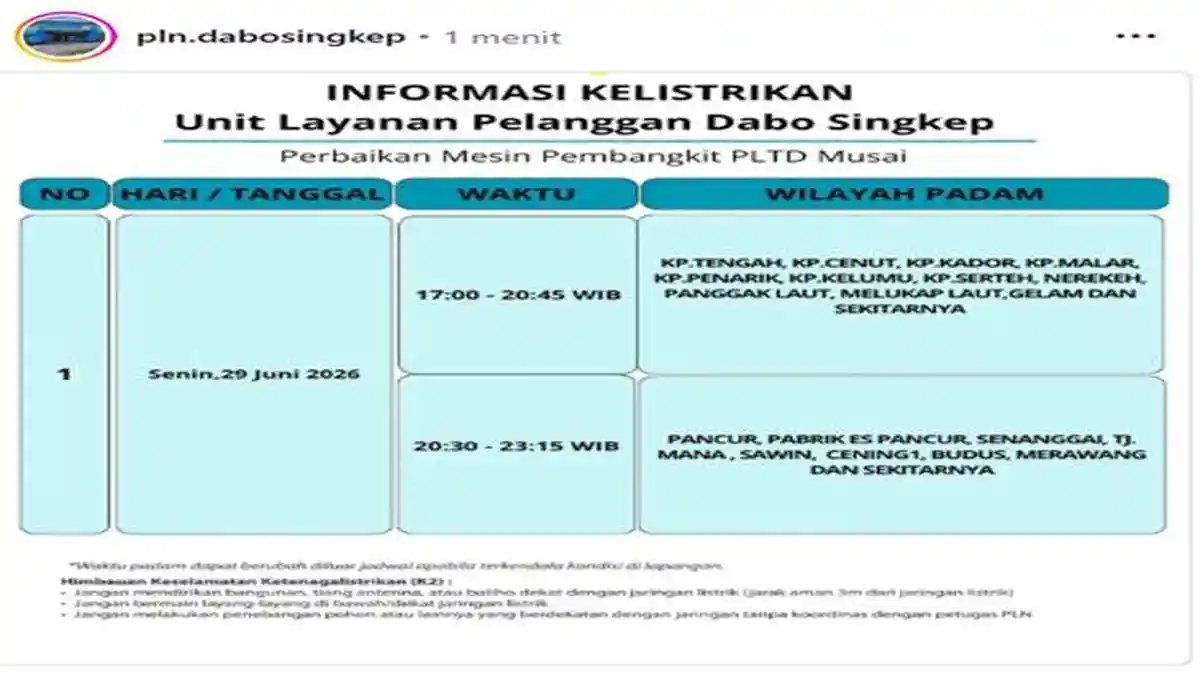 Jadwal Pemadaman Listrik di Lingga Hari Ini, Senin, 29 Juni 2026, Mulai Pukul 17.00 Hingga 23.15 WIB - Tribunbatam.id