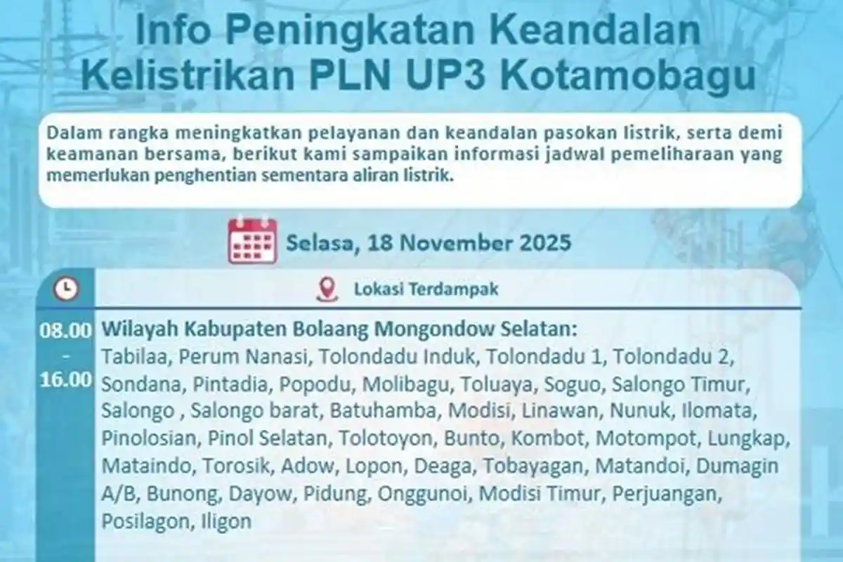 Siap-siap Mati Lampu, Info PLN Ini 42 Titik di Bolsel Terdampak, Selasa 18 November 2025