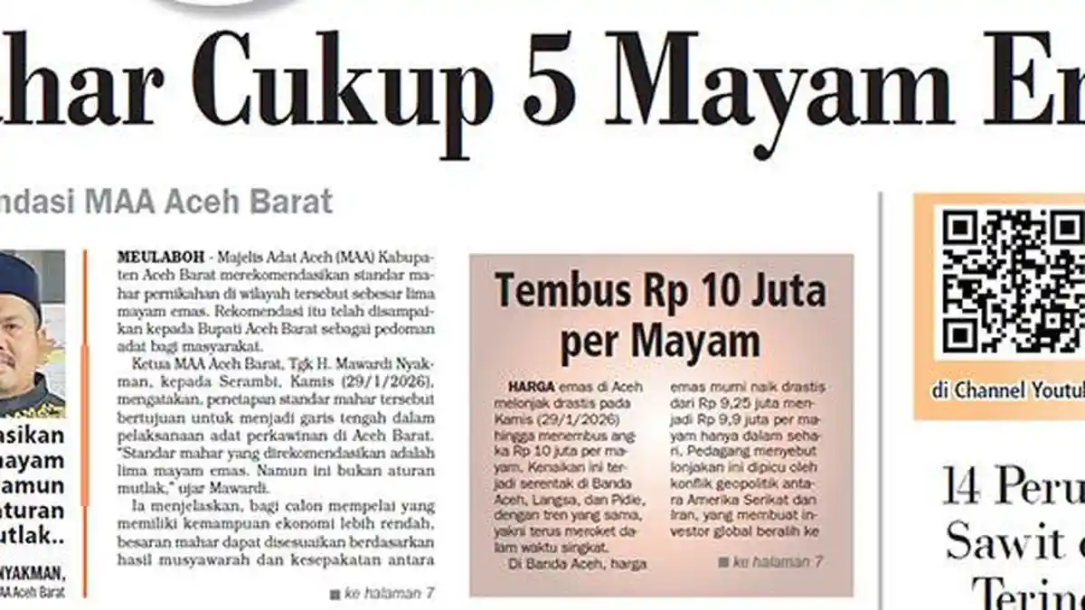 Rekomendasi MAA Aceh Barat, Mahar Cukup 5 Mayam Emas
