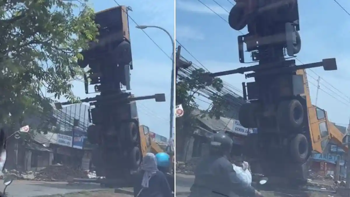 KRONOLOGI Truk Crane Terbalik di Cibinong, Berdiri Tegak bak Optimus Prime Transformers