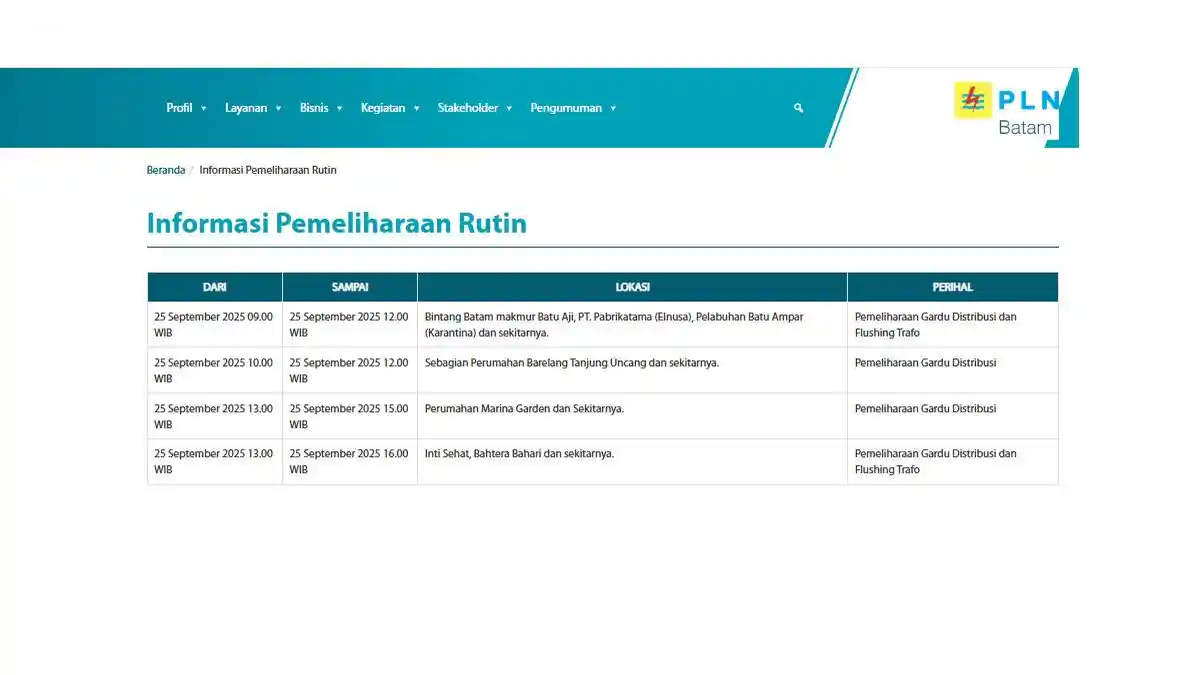 Jadwal Pemadaman Listrik di Batam Hari Kamis 25 September, Sasar Wilayah Batuaji, Tanjunguncang