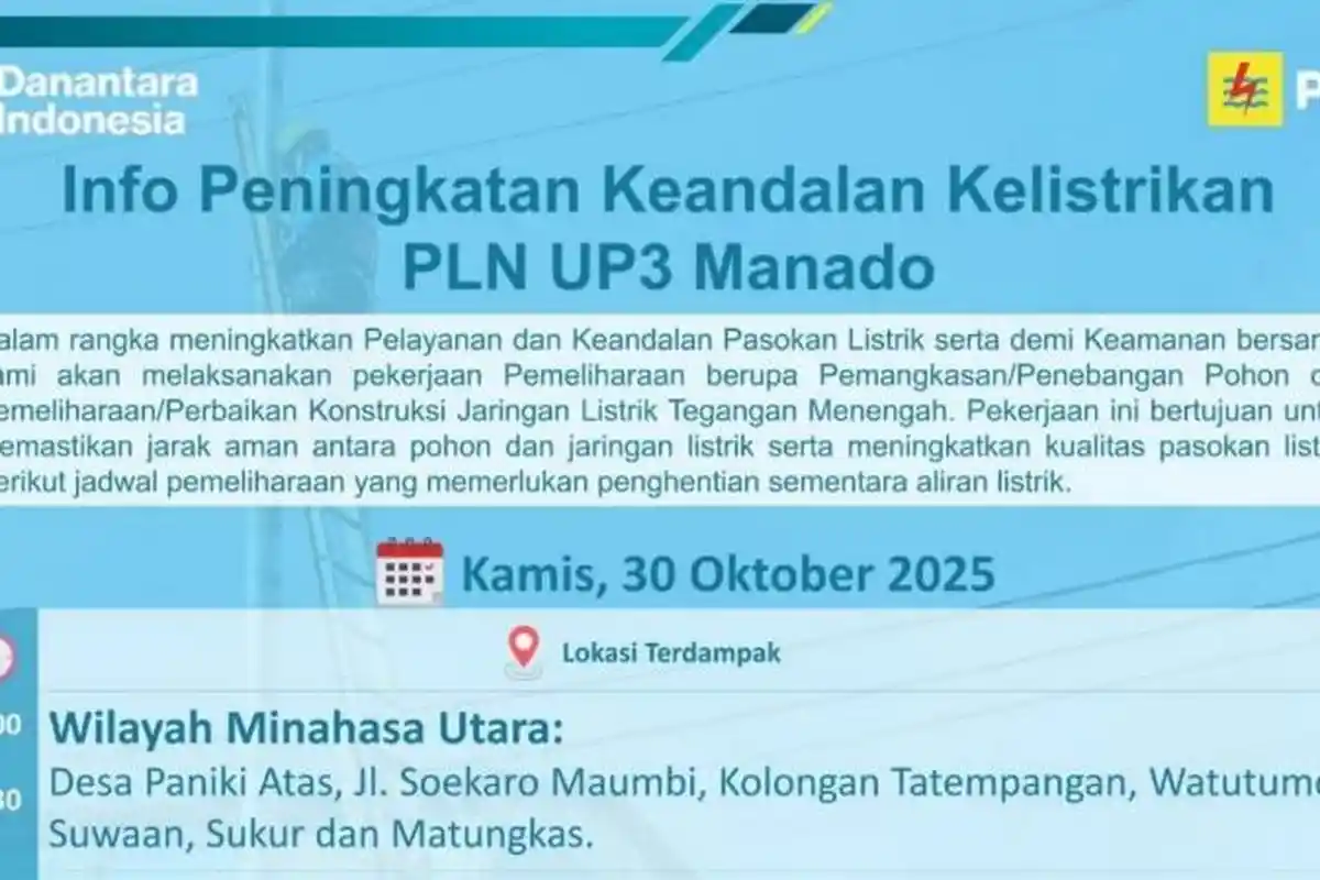 Siap-siap Mati Lampu, Info PLN 7 Titik Lokasi Terdampak di Minut, Kamis 30 Oktober 2025