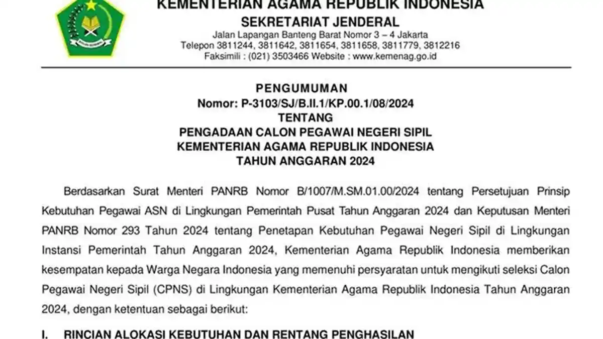 Link Download Formasi CPNS Kemenag 2024 PDF, Lulusan SMA Bisa Daftar