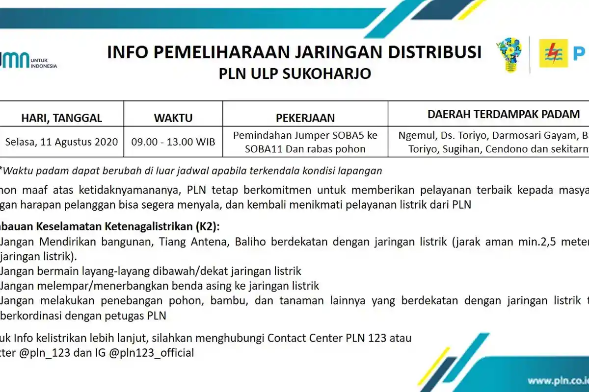 Info Pemeliharaan Jaringan Listrik PLN ULP Sukoharjo Selasa 11 Agustus 2020