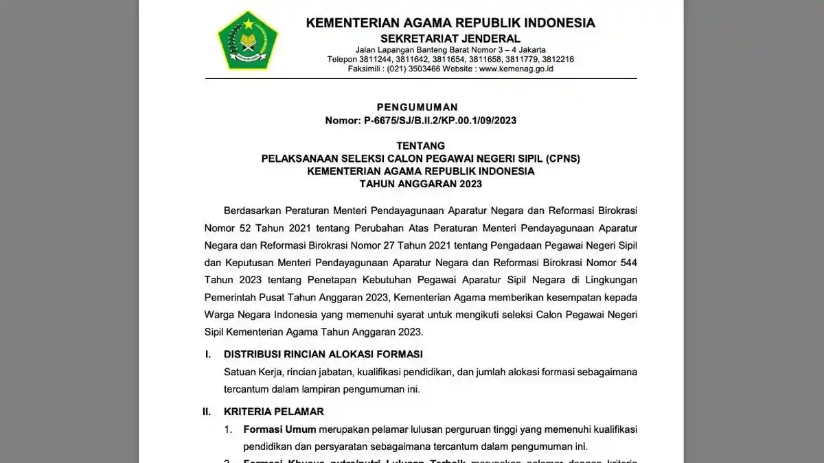Formasi CPNS Kemenag 2023 Dibuka Sebanyak 68, Beserta Syarat Pendaftarannya