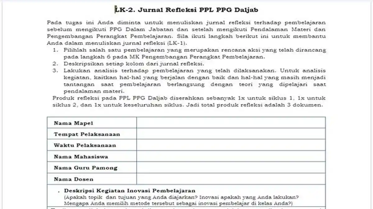 Contoh Jawaban LK 2 Jurnal Refleksi PPL PPG Daljab 2023 Produk Bahan Refleksi, Ada File PDF/Word