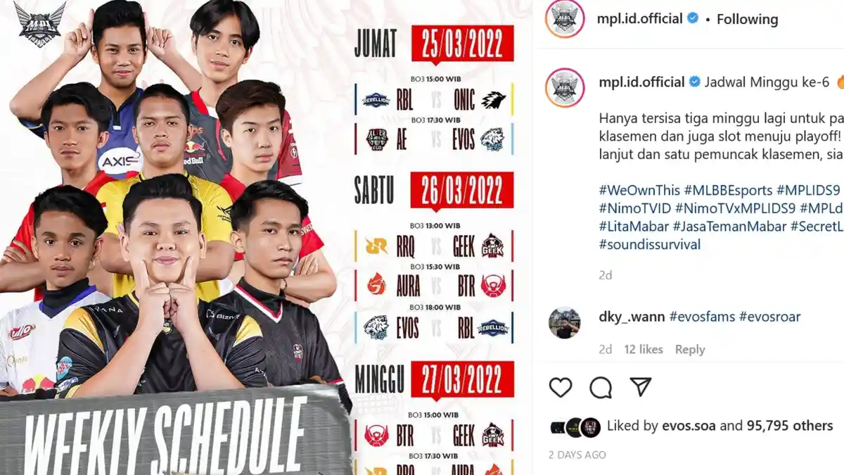 Jadwal MPL Season 9 Week 6 Hari Ini, Sabtu 26 Maret 2022: Ada EVOS Legends, RRQ Hoshi dan Aura Fire