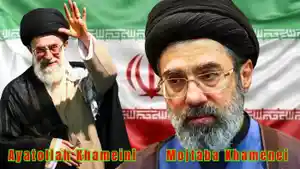 20260309-Kolase-foto-Mojtaba-Khamenei-dan-Ayatollah-Ali-Khamenei-berlatar-bendera-Iran.jpg
