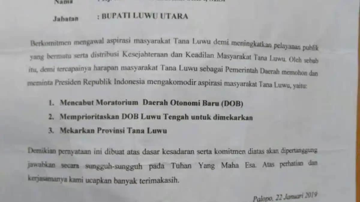 Dukung Provinsi Luwu Raya, Bupati Luwu Utara Teken Surat Peryataan Bermaterai