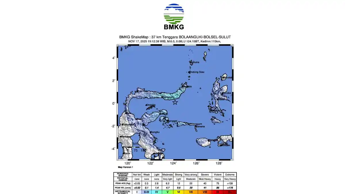 Gempa Bumi Menengah Goyang Sulut–Gorontalo Senin 17 November 2025, Warga Laporkan Getaran Jelas