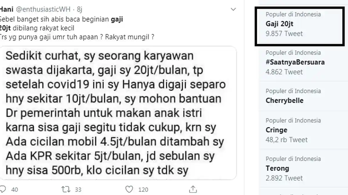 Gaji Rp 20 Juta Ngaku Rakyat Kecil Trending,Kata Netizen:Terus yang Gaji Rp 500.000 Rakyat Mikro?