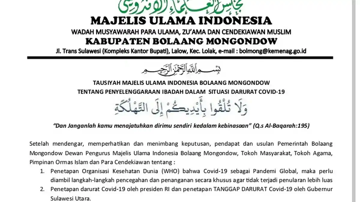 MUI Imbau Umat Muslim Bolmong Salat Tarawih di Rumah