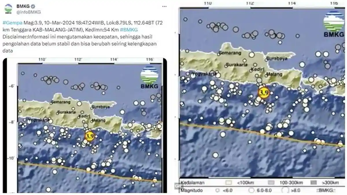 Gempa Barusan 3.9 Magnitudo, Pusat Gempa di Malang, Jawa Timur, Info Terkini BMKG