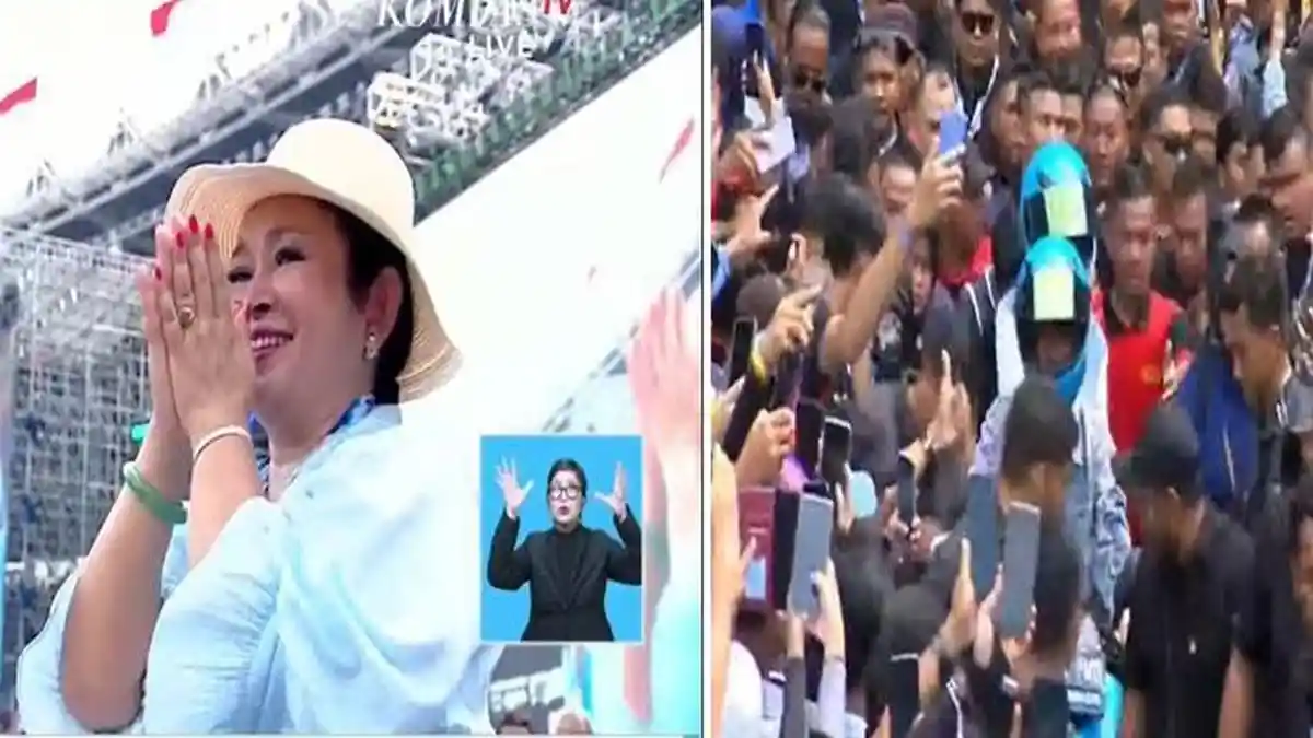 MOMEN Riuh Saat Prabowo Sebut Nama Titiek Soeharto Hingga Gibran Bonceng Istri Masuk Stadion