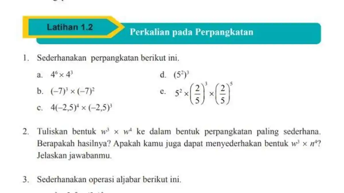Kunci Jawaban Matematika Kelas 9 SMP Latihan 1.2 Halaman 20 21 22: Perkalian pada Perpangkatan