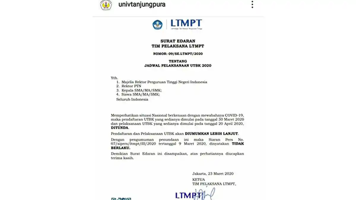 Lembaga Tes Masuk Perguruan Tinggi Tunda Pelaksanaan Ujian 2020