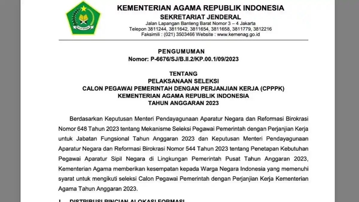 Formasi PPPK Kemenag RI 2023 Dibuka Sebanyak 4.057, Beserta Persyaratannya