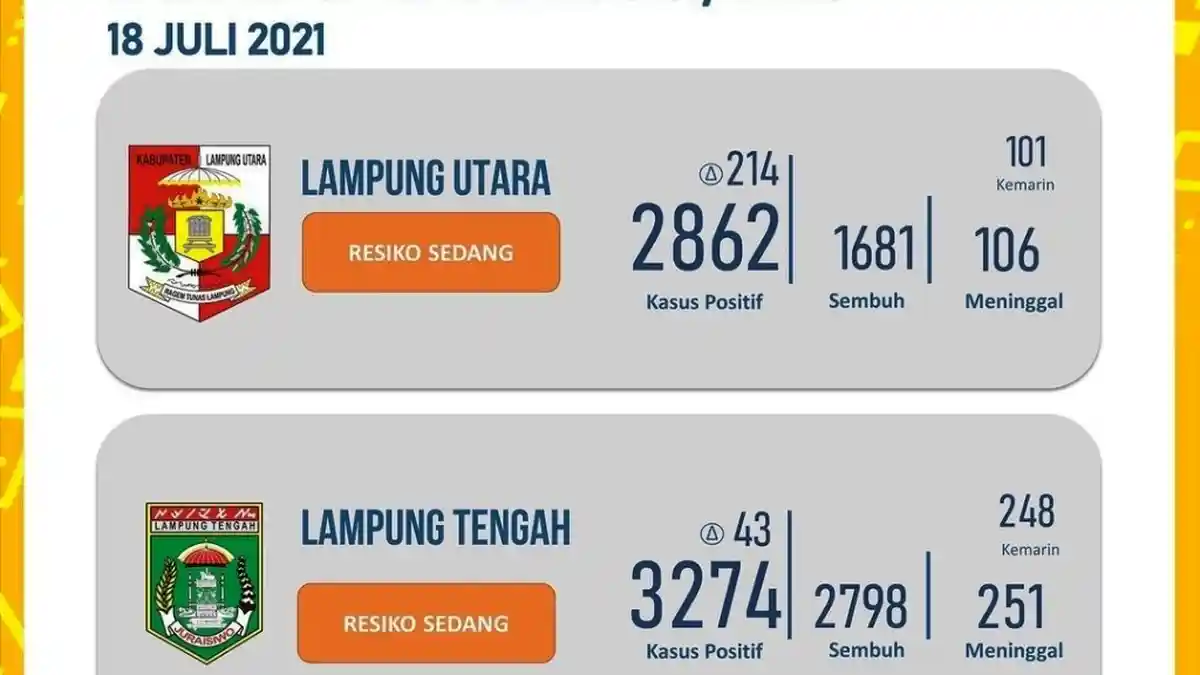 Update Positif Covid-19 Hari Ini: Lampung Utara Catat Penambahan Kasus Tertinggi dengan 214 Orang