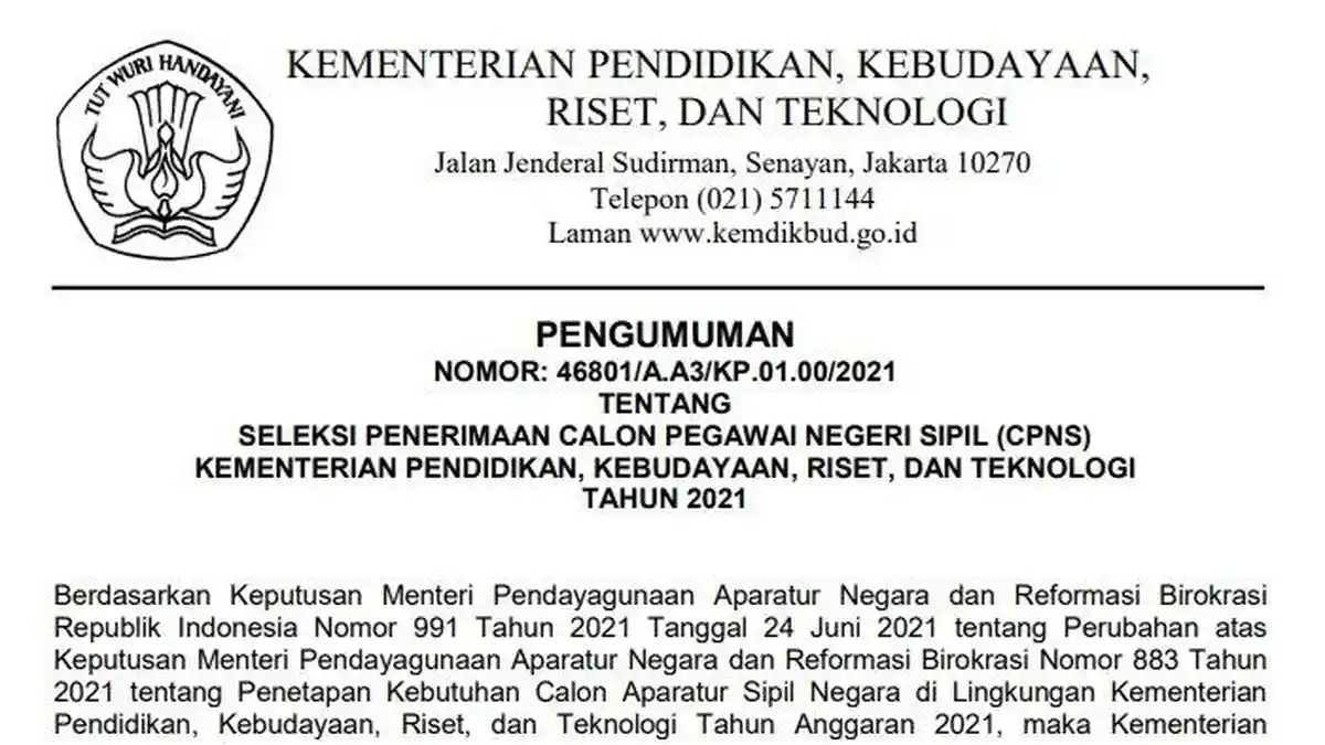 Kemendikbud Ristek Buka Formasi CPNS Sebanyak 10.447, Klik Link sscasn.bkn.go.id