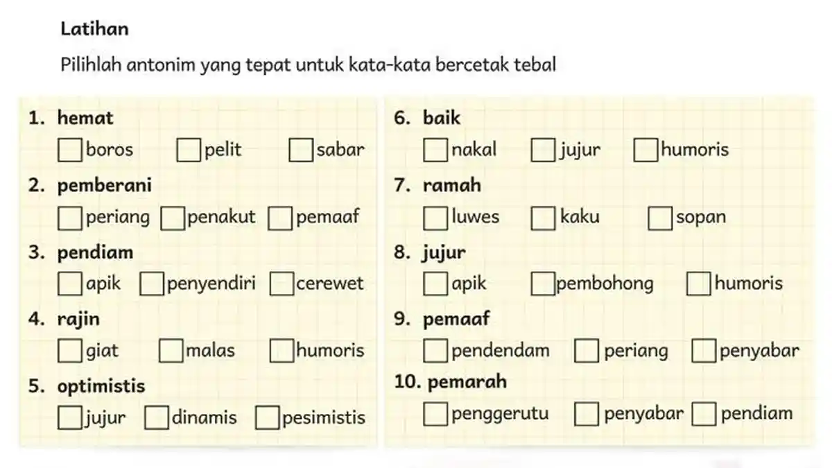 Kunci Jawaban Bahasa Indonesia Kurikulum Merdeka Kelas 5 SD Halaman 16: Antonim