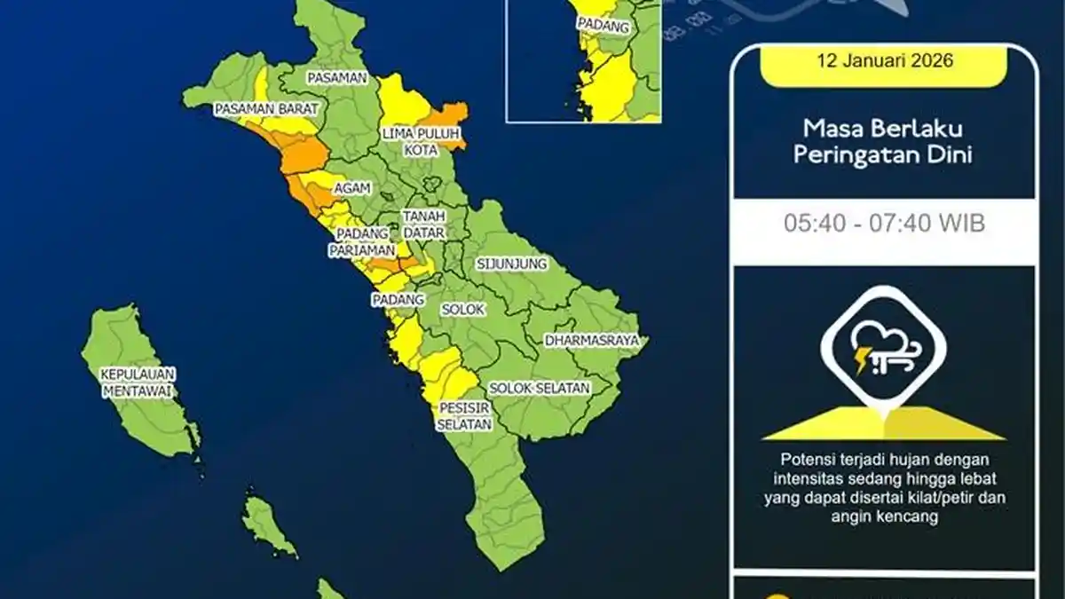 Hujan Lebat Intai Lubuk Basung dan Kinali, Cek Peringatan Dini Cuaca Sumbar 5.30 WIB s.d 7.40 WIB