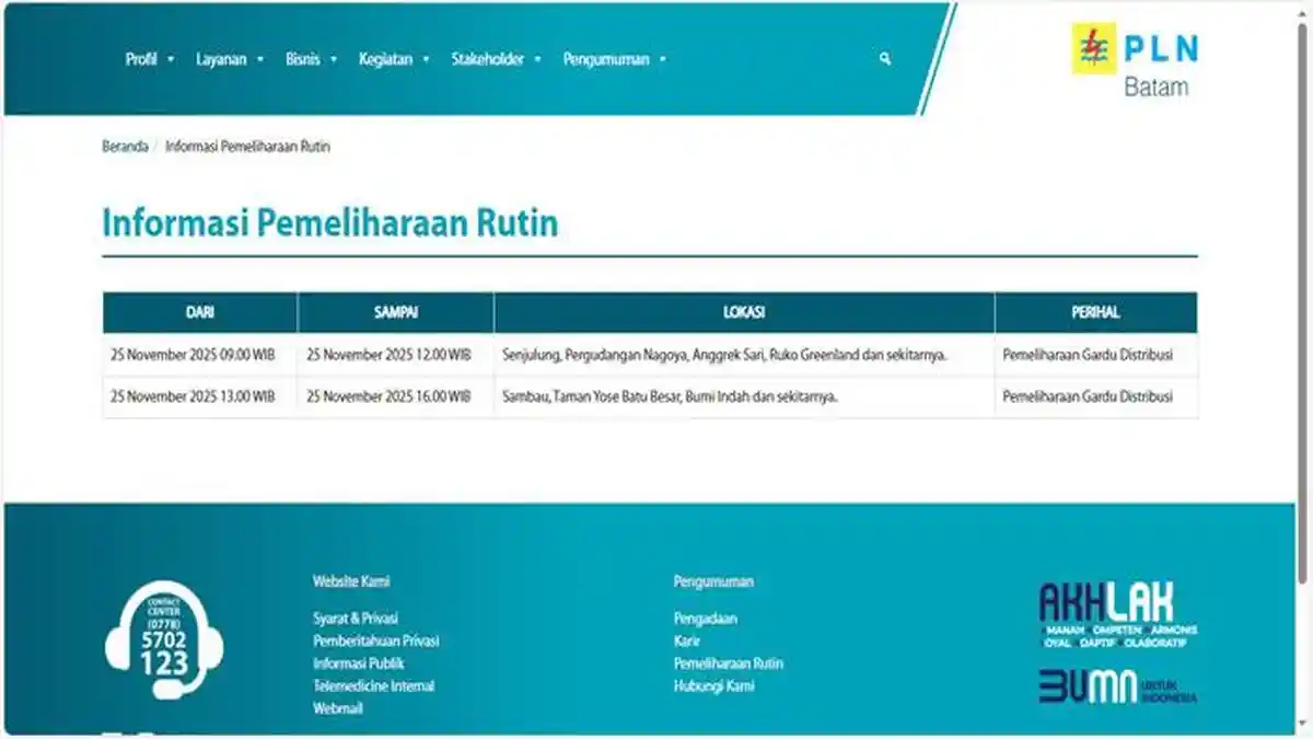 Jadwal Pemeliharaan Rutin Listrik dari PLN Batam Hari Ini Selasa 25 ...