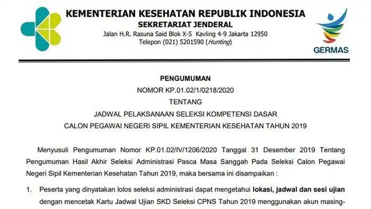 Simak Jadwal dan Lokasi Tes SKD CPNS di Kemenkes RI, Dimulai Pada 8-15 Februari 2020