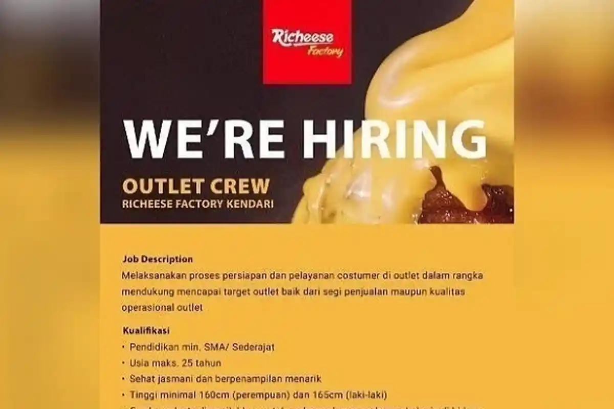 Lowongan Kerja Kendari Richeese Factory Buka Loker Outlet Crew, Kualifikasi, Berkas dan Link Daftar