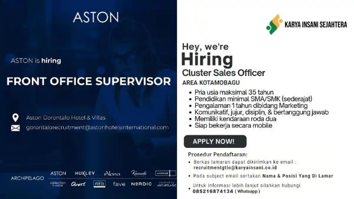 Lowongan Kerja Gorontalo untuk Lulusan SMA/SMK/D3/S1 Sederajat Hari Ini Kamis, 24 November 2022