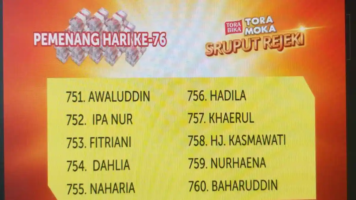 Berikut 10 Daftar Nama Pemenang Undian Sruput Rejeki Tora Moka Day 76