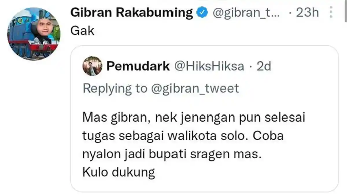 Gibran Cuma Jawab 'Gak' saat Diminta Netizen Jadi Bupati Sragen, Begini Penjelasannya