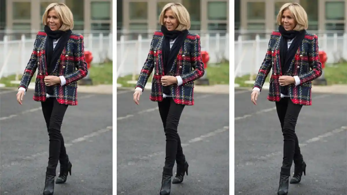 Brigitte Macron Tampil Cantik dan Maskulin Dibalut Tartan Blazer Balmain