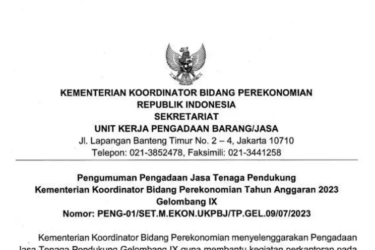 Kemenko Perekonomian Buka Lowongan Kerja Non ASN 2023, Ini Syarat dan Jadwalnya