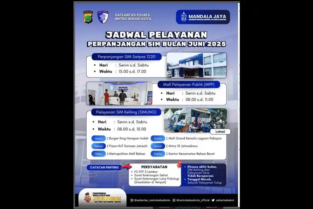 SIM Keliling Kota Bekasi, Rabu 11 Juni 2025 Dijadwalkan Hingga Pukul 10.00 WIB, Catat Lokasinya