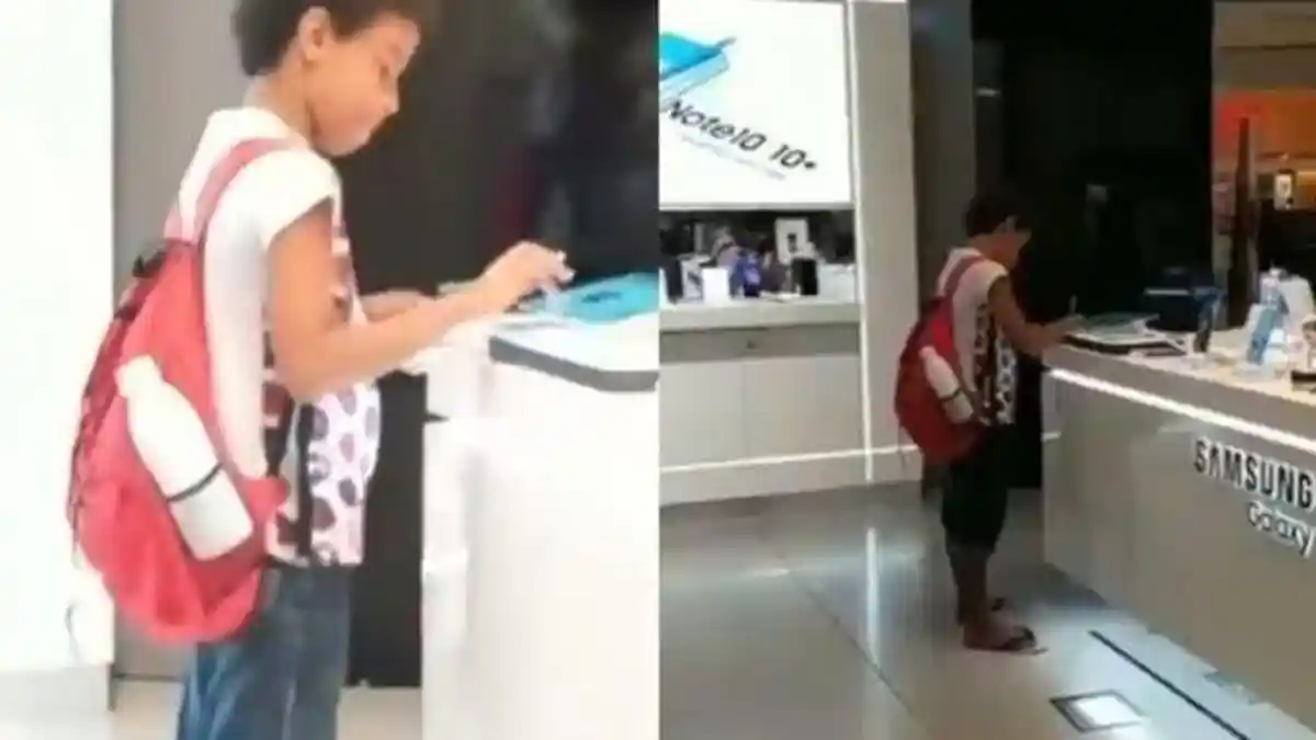 Tak Sanggup Beli Ponsel Pintar, Bocah SD ini Kerjakan Tugas Sekolah di Gerai Samsung