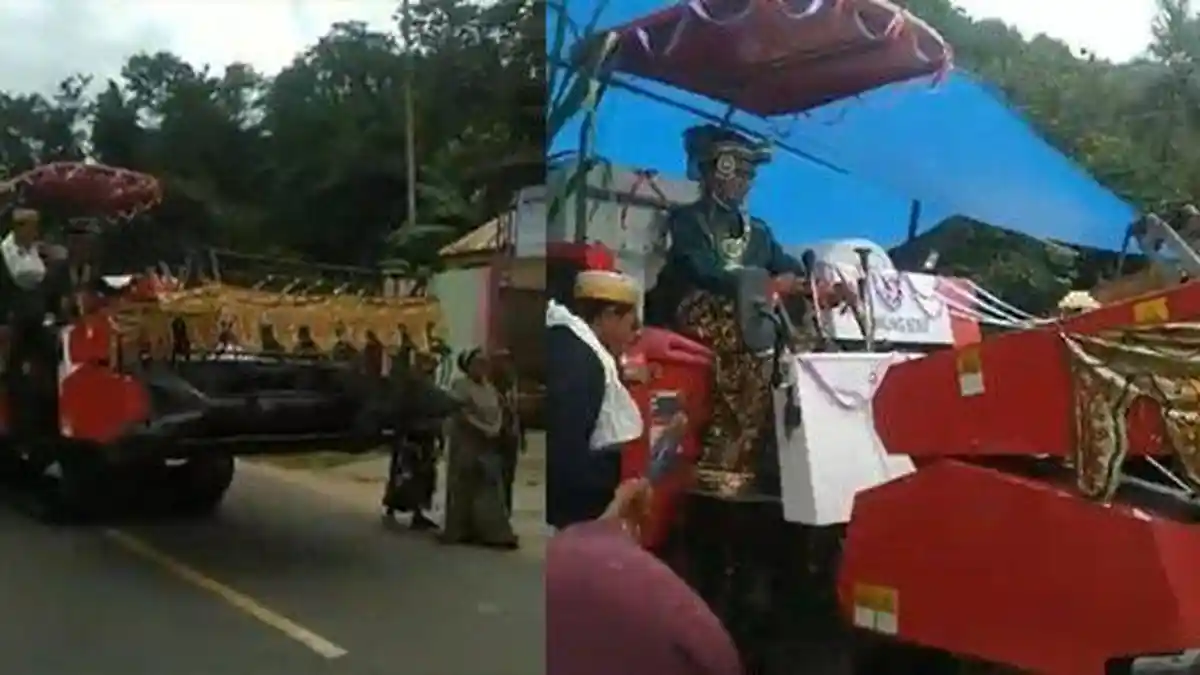 Viral Sosok Pria Bawa Mesin Panen Padi Temui Pengantin Wanita di Sultra, Seserahannya Berupa Tebu