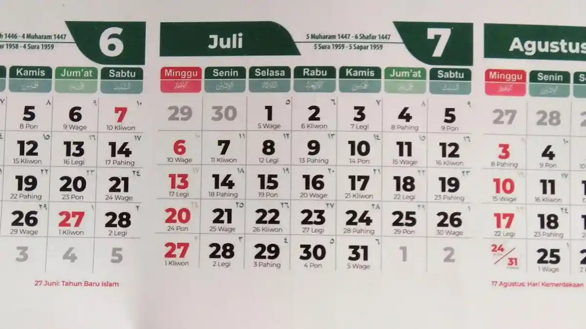 Kalender 2025 Bulan Juli Libur Apa Saja? Cek Tanggal Merah dan Cuti Bersama Lengkap