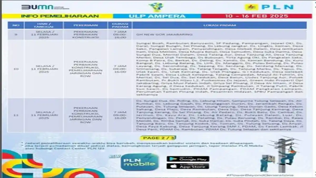 Info Pemadaman Listrik Kabupaten OKI Selasa 11 Februari 2025, Ini Daftar Wilayah Terdampak
