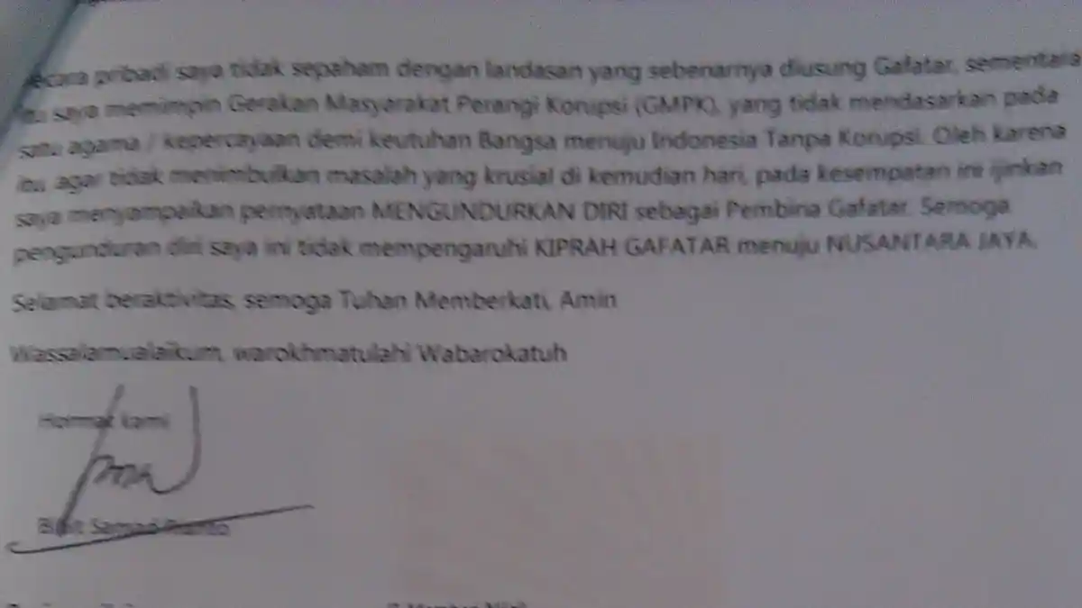 Ini Surat Pengunduran Diri Bibit Samad Rianto dari Gafatar