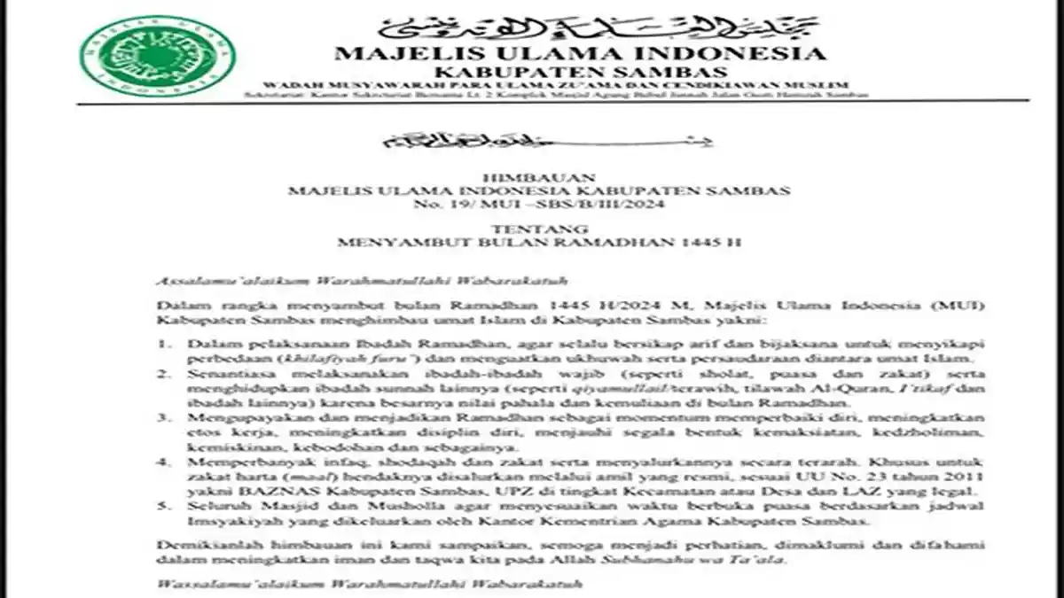 MUI Sambas Terbitkan Imbauan Sambut Ramadhan 14445 Hijriah, Ajak Perbanyak Ibadah