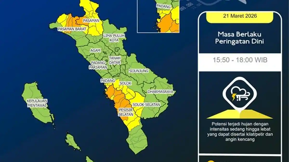 Waspada Hujan Lebat di Sumbar Sore Lebaran 21 Maret 2026, BMKG: Pesisir Selatan Hingga Padang
