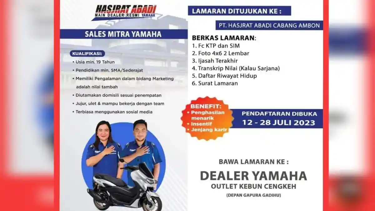 Lowongan Kerja Ambon, Hasjrat Abadi Cari Sales Motor Yamaha, Ini Syaratnya
