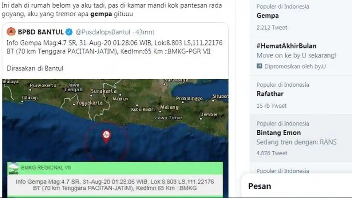 Gempa Terkini Senin 31 Agustus 2020, Terjadi di Pacitan Getarannya Terasa hingga Bantul