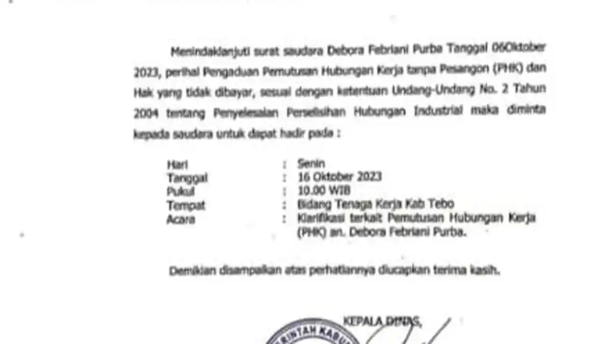 Eks Pekerja Laporkan PHK Sepihak dan Hak tak Dibayar, Disnaker Tebo Panggil PT NAR Senin