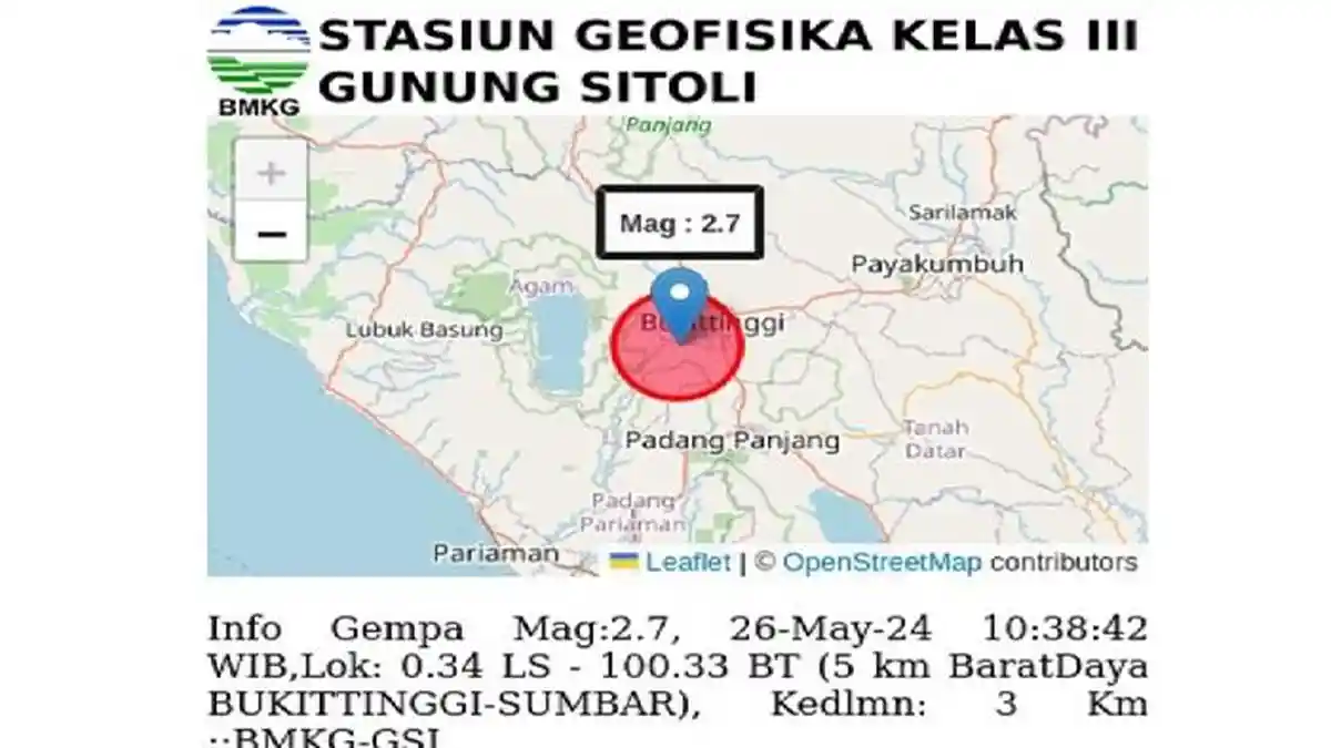 Tiga Gempa Dalam Waktu Berdekatan Guncang Bukittinggi, Warga Berhamburan Keluar Rumah