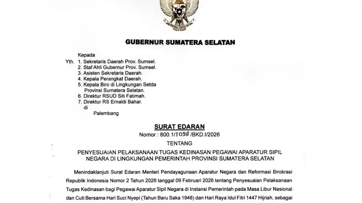 Link PDF Surat Edaran WFA untuk ASN Pemprov Sumsel Lebaran 2026: Cek Jadwal dan Aturannya