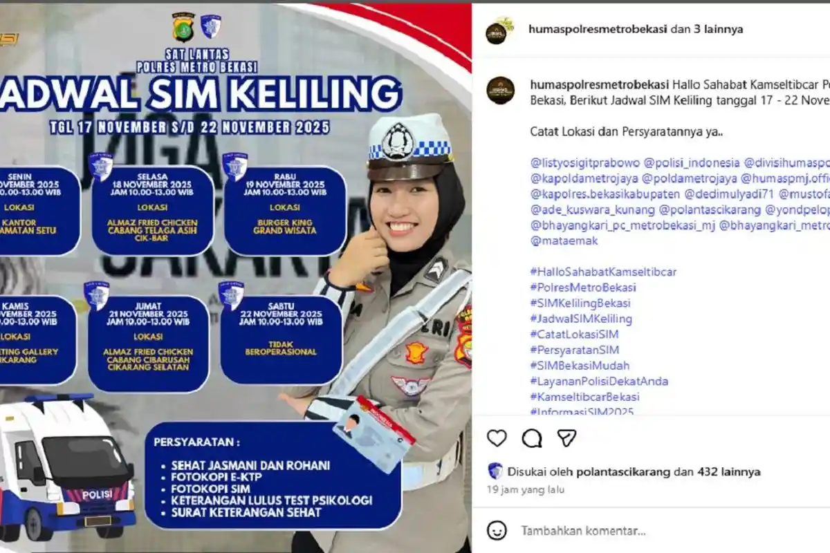 SIM Keliling Kabupaten Bekasi Senin Ini, 17 November 2025 di Kecamatan Setu