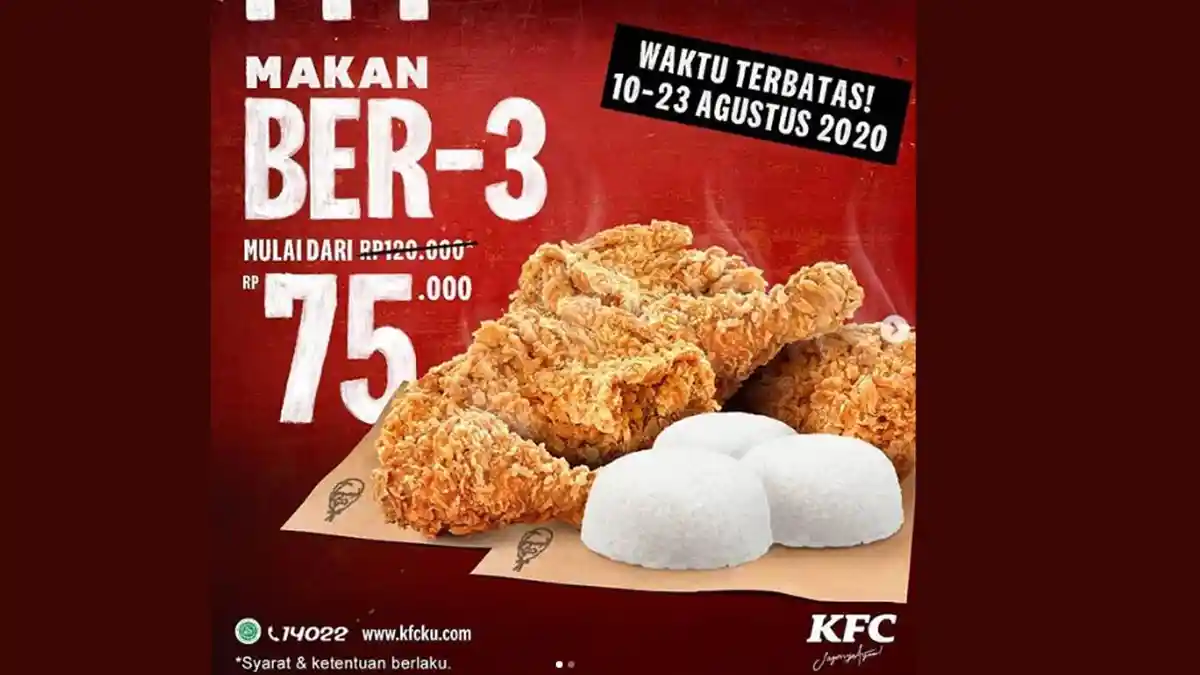 Promo KFC 17 Agustus 2020, Makan Ber-3 Hanya Rp 75 Ribu Berlangsung 10 - 23 Agustus 2020